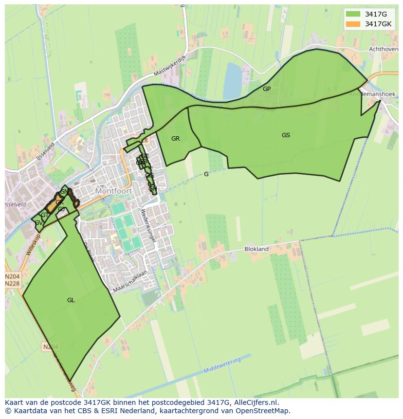 Afbeelding van het postcodegebied 3417 GK op de kaart.