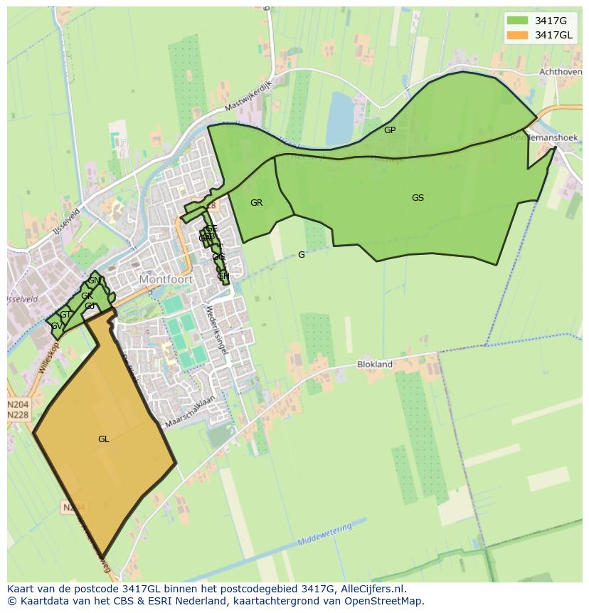 Afbeelding van het postcodegebied 3417 GL op de kaart.