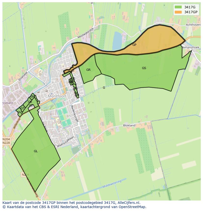 Afbeelding van het postcodegebied 3417 GP op de kaart.