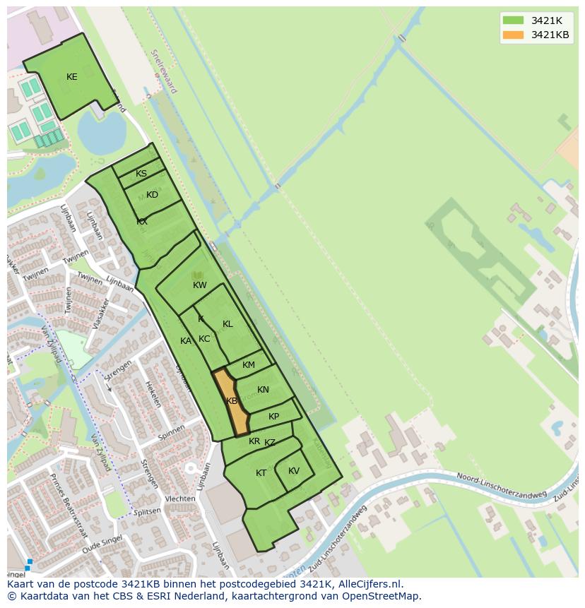Afbeelding van het postcodegebied 3421 KB op de kaart.