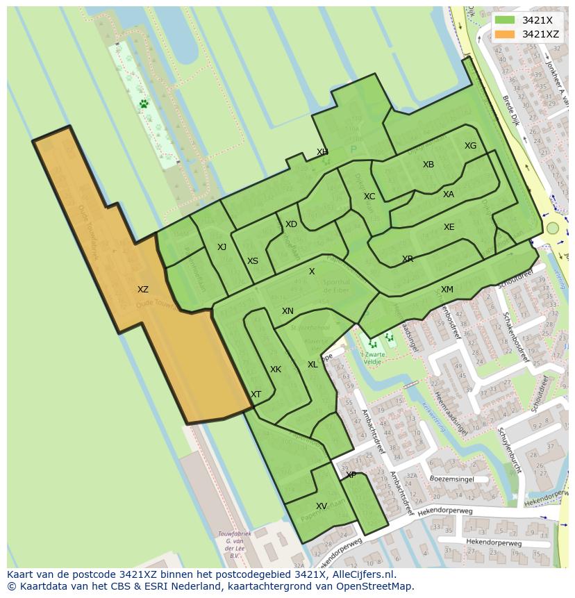 Afbeelding van het postcodegebied 3421 XZ op de kaart.