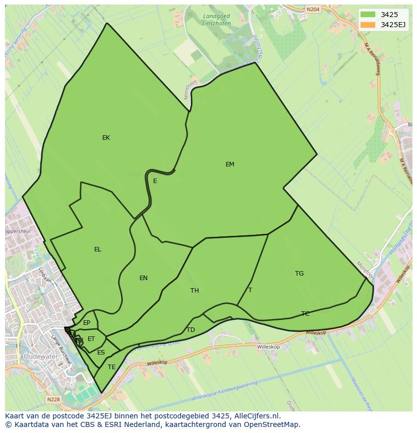 Afbeelding van het postcodegebied 3425 EJ op de kaart.