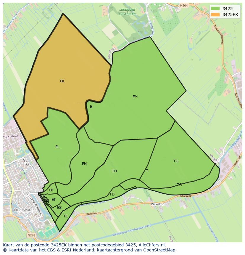 Afbeelding van het postcodegebied 3425 EK op de kaart.