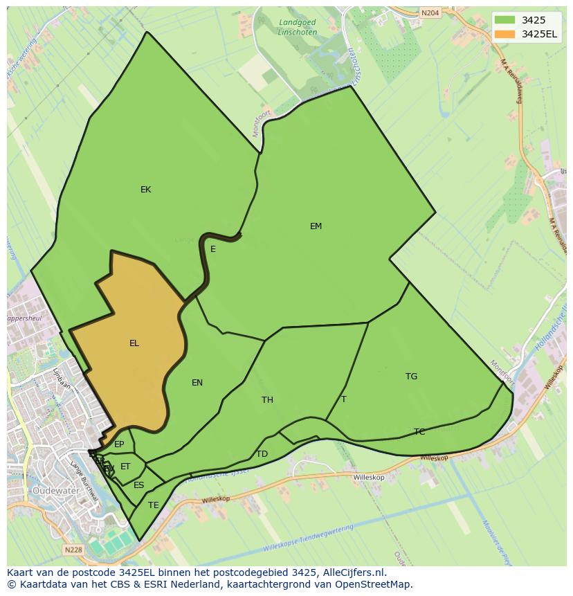 Afbeelding van het postcodegebied 3425 EL op de kaart.