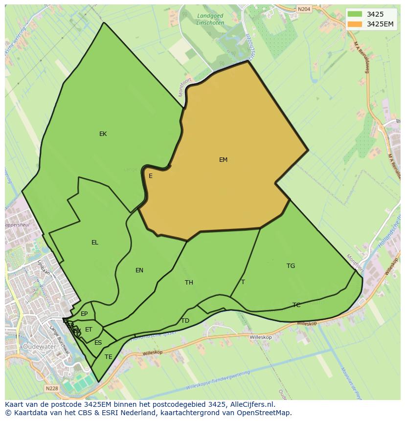 Afbeelding van het postcodegebied 3425 EM op de kaart.