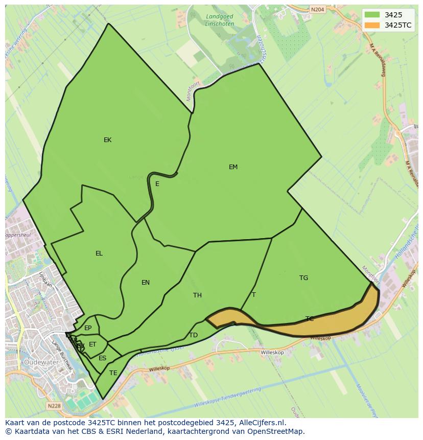 Afbeelding van het postcodegebied 3425 TC op de kaart.