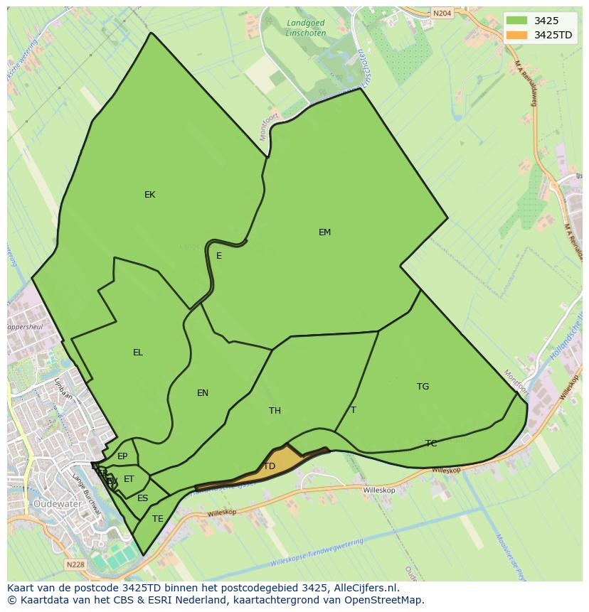 Afbeelding van het postcodegebied 3425 TD op de kaart.