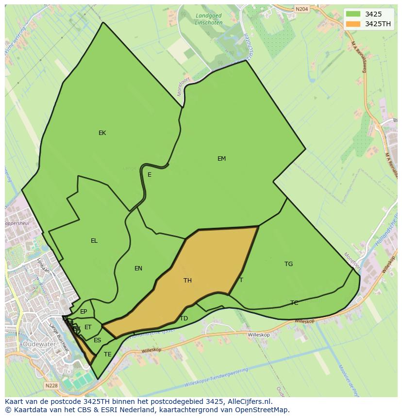 Afbeelding van het postcodegebied 3425 TH op de kaart.