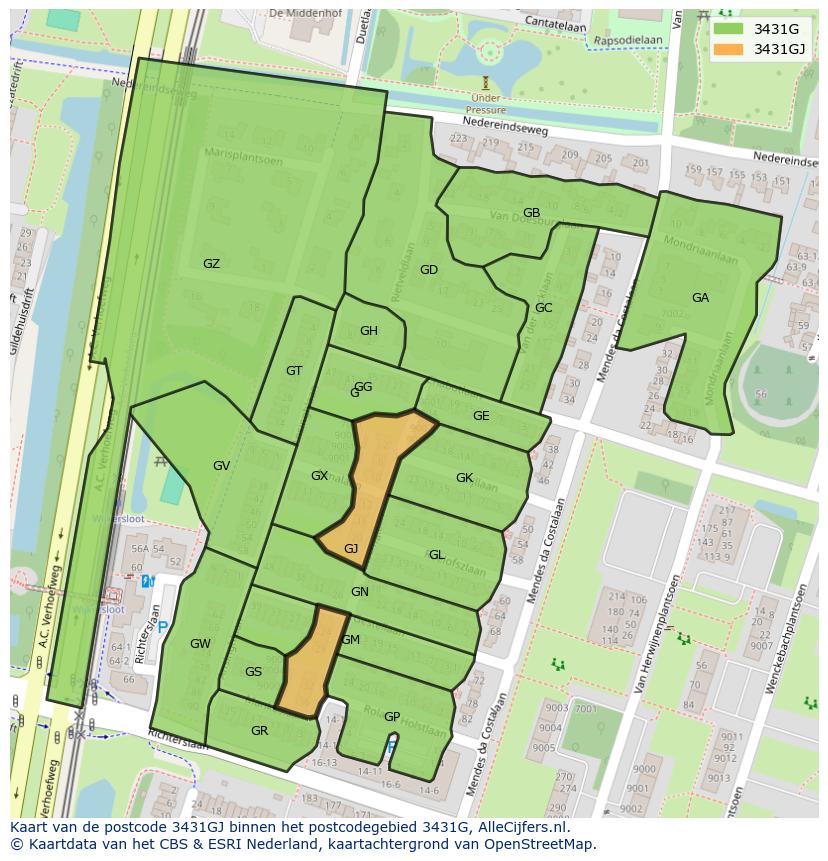 Afbeelding van het postcodegebied 3431 GJ op de kaart.