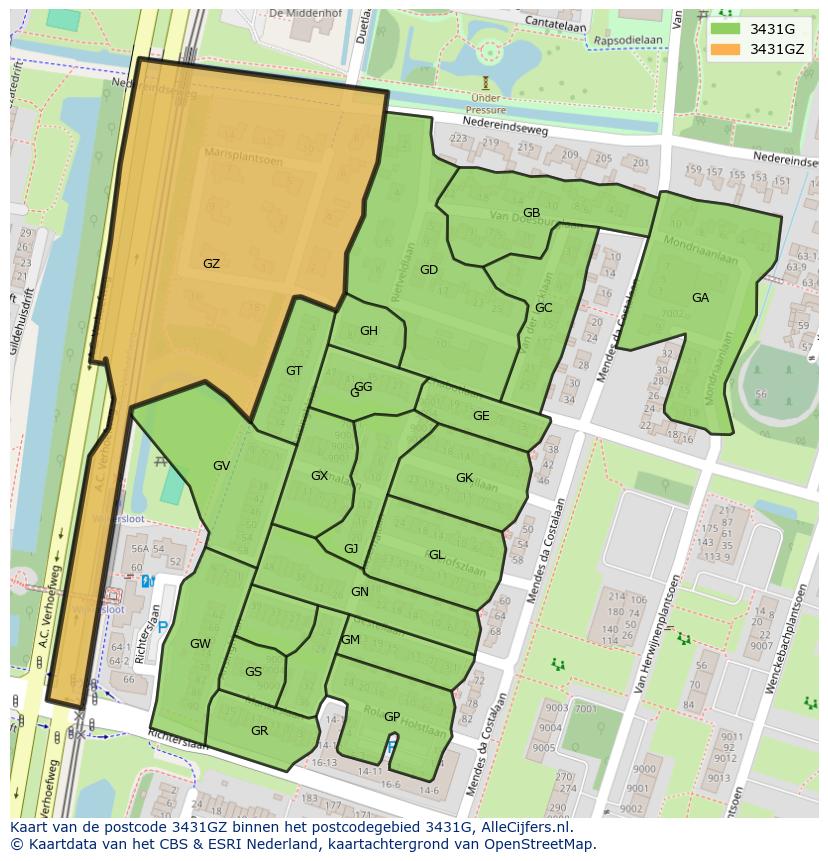Afbeelding van het postcodegebied 3431 GZ op de kaart.