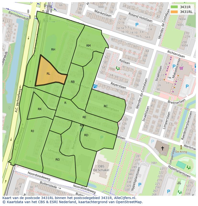 Afbeelding van het postcodegebied 3431 RL op de kaart.