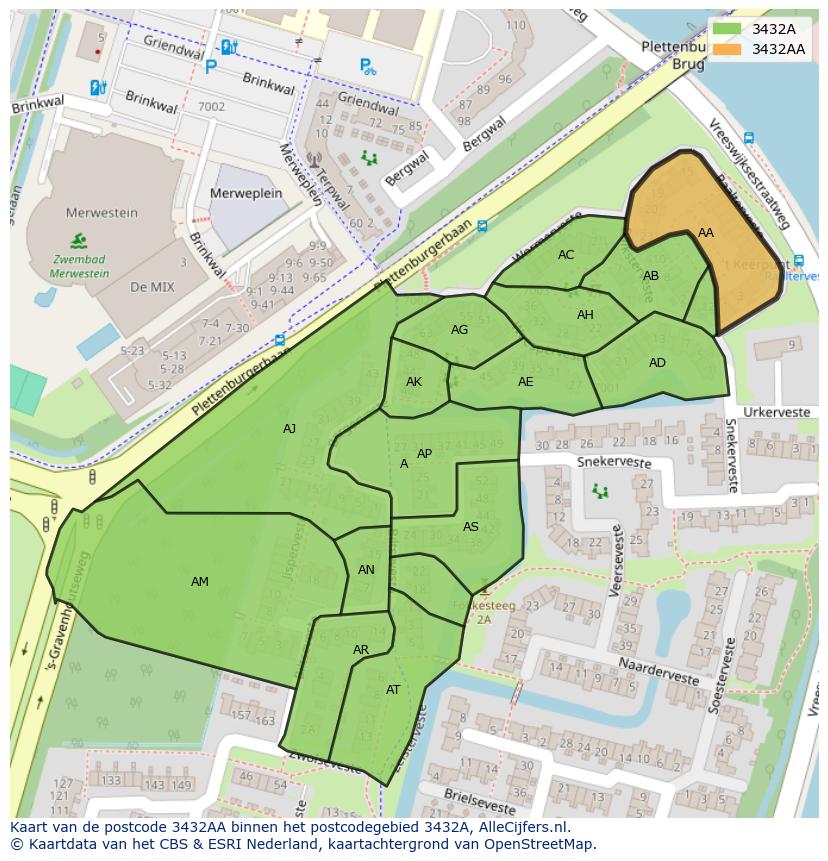Afbeelding van het postcodegebied 3432 AA op de kaart.