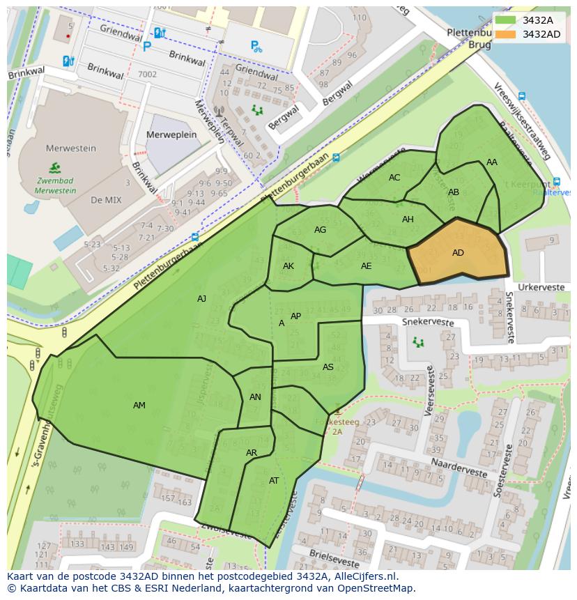 Afbeelding van het postcodegebied 3432 AD op de kaart.