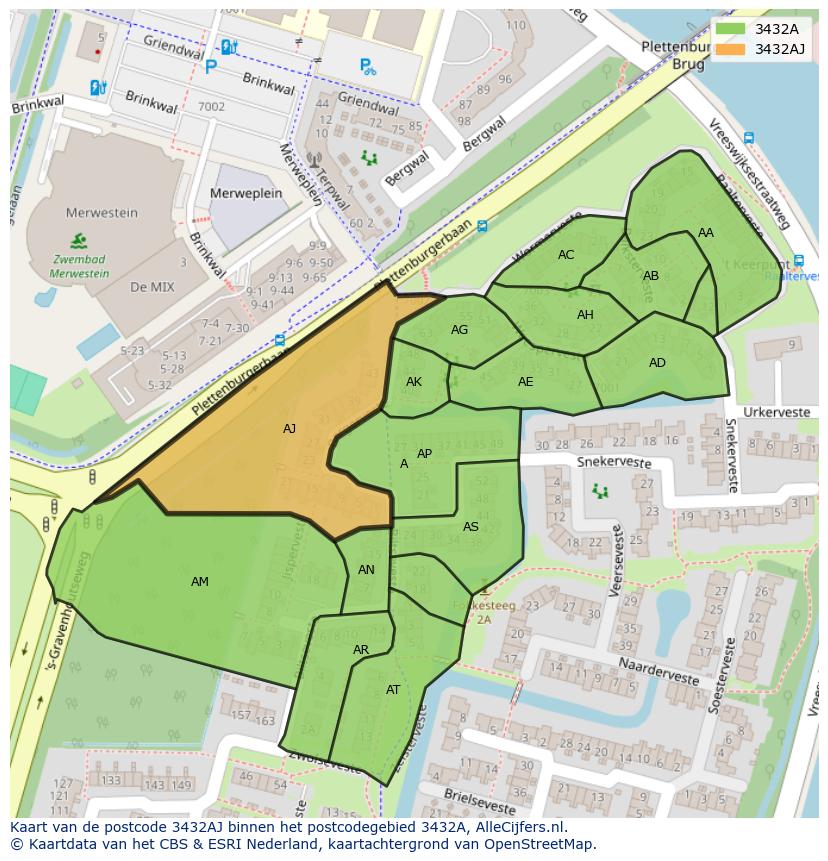 Afbeelding van het postcodegebied 3432 AJ op de kaart.