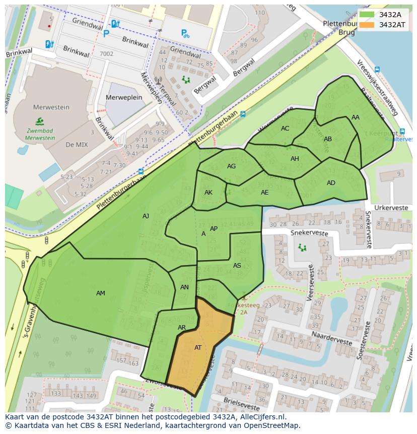 Afbeelding van het postcodegebied 3432 AT op de kaart.