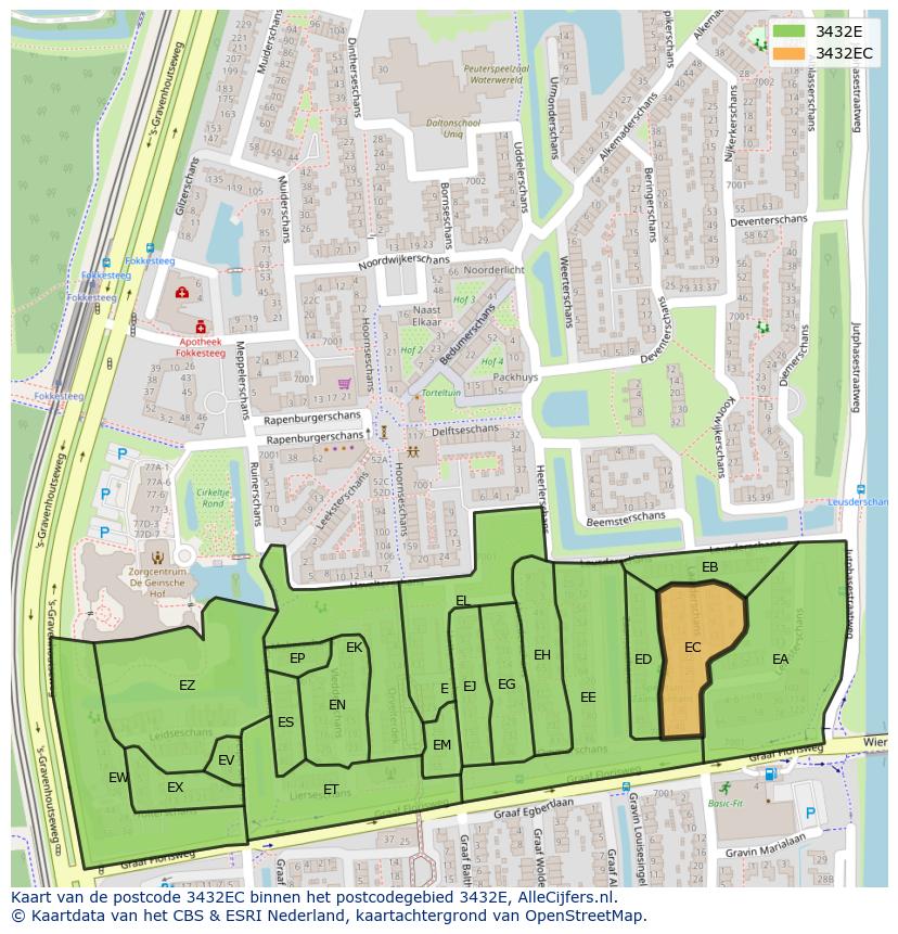 Afbeelding van het postcodegebied 3432 EC op de kaart.