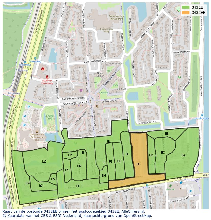 Afbeelding van het postcodegebied 3432 EE op de kaart.