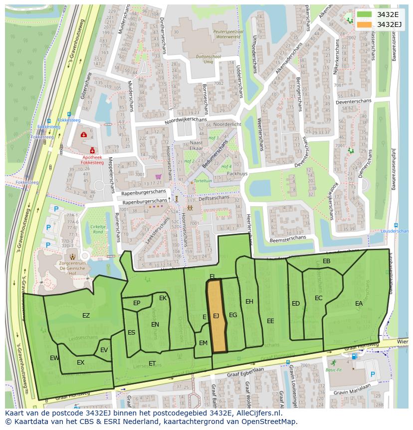 Afbeelding van het postcodegebied 3432 EJ op de kaart.