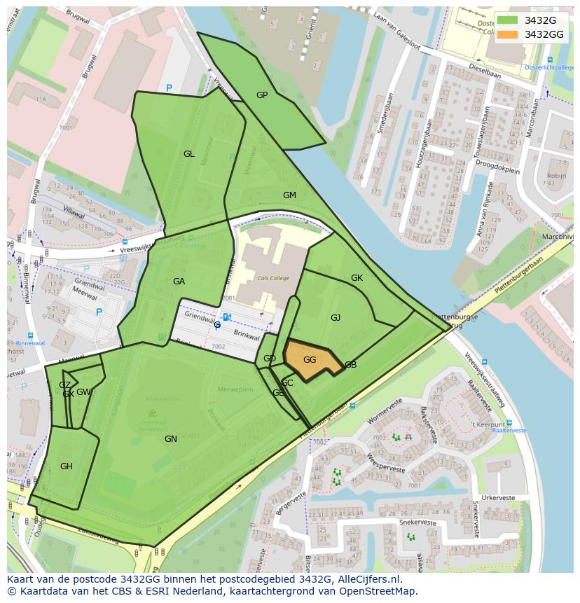 Afbeelding van het postcodegebied 3432 GG op de kaart.