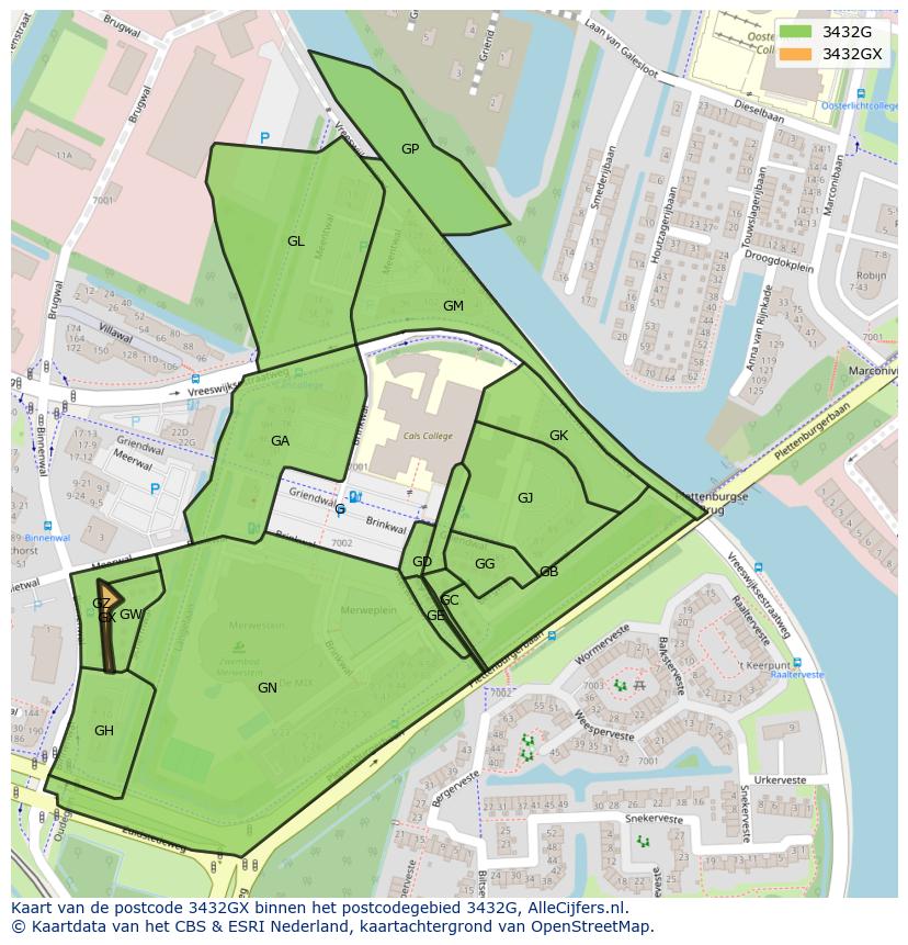 Afbeelding van het postcodegebied 3432 GX op de kaart.