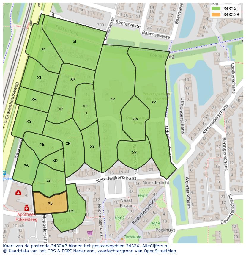 Afbeelding van het postcodegebied 3432 XB op de kaart.