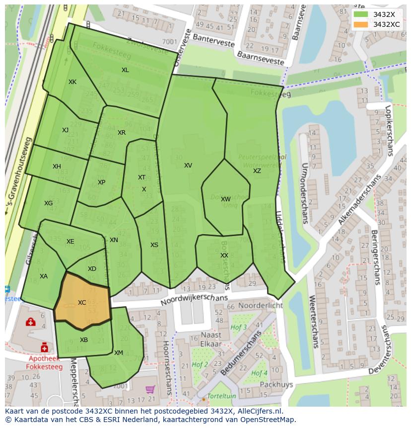 Afbeelding van het postcodegebied 3432 XC op de kaart.