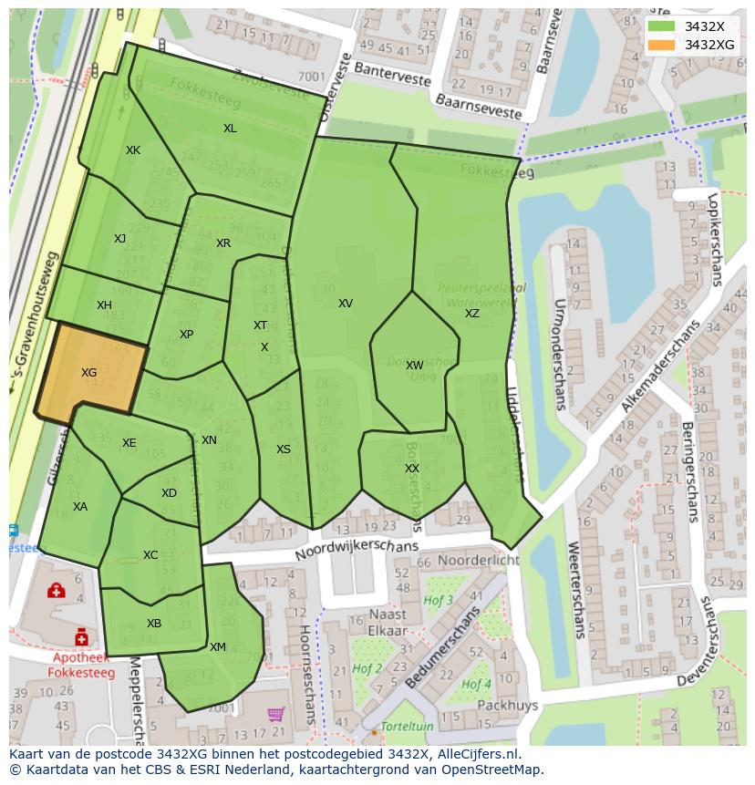 Afbeelding van het postcodegebied 3432 XG op de kaart.