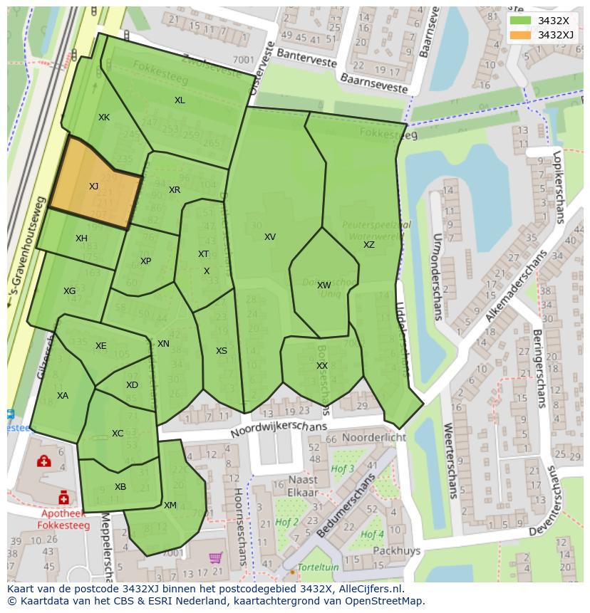 Afbeelding van het postcodegebied 3432 XJ op de kaart.