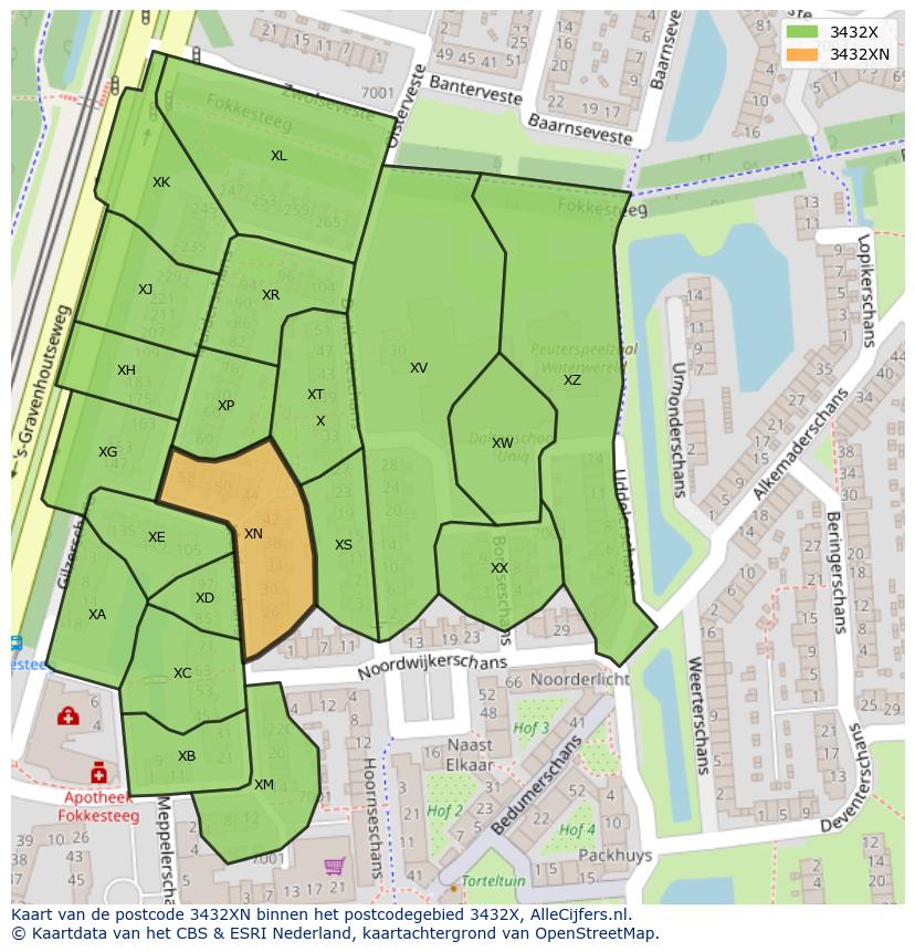 Afbeelding van het postcodegebied 3432 XN op de kaart.