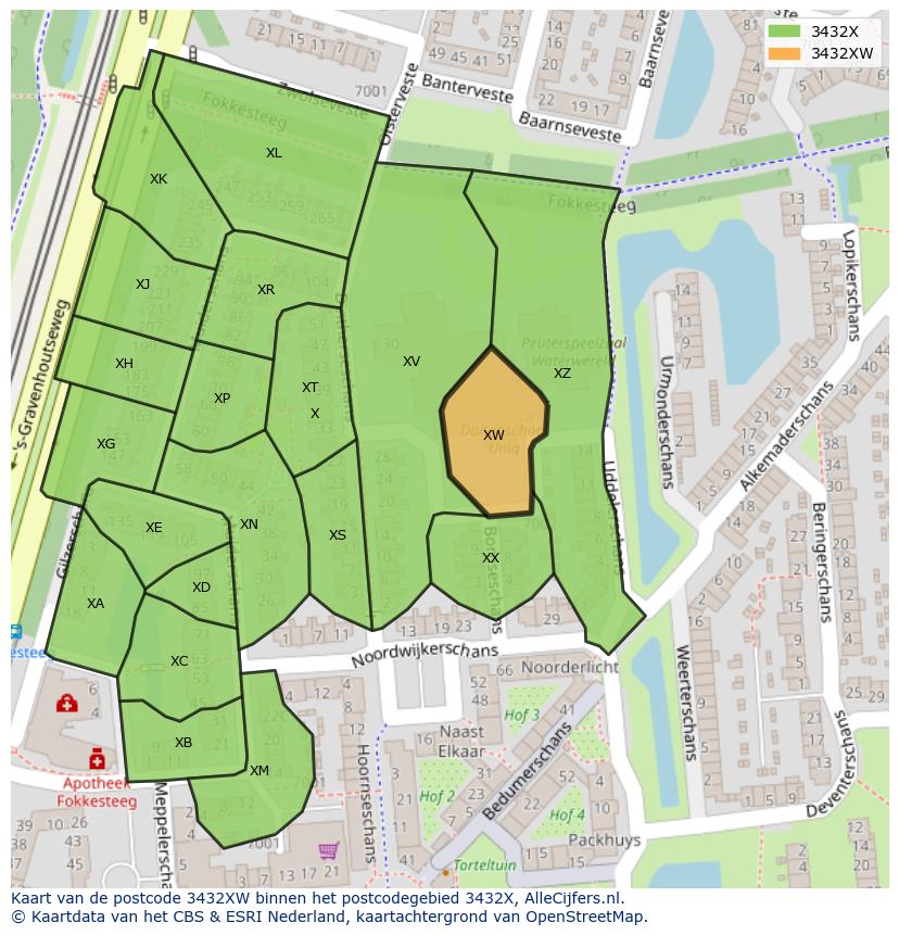 Afbeelding van het postcodegebied 3432 XW op de kaart.