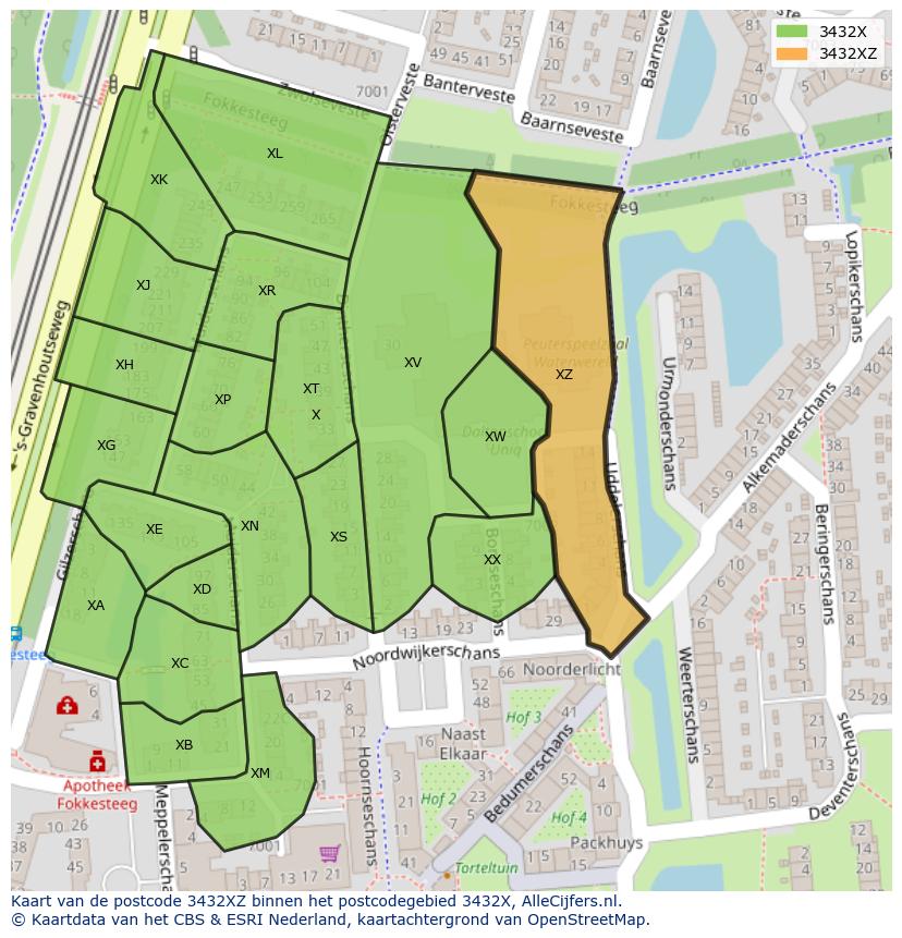 Afbeelding van het postcodegebied 3432 XZ op de kaart.