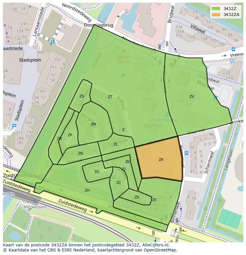 Afbeelding van het postcodegebied 3432 ZA op de kaart.