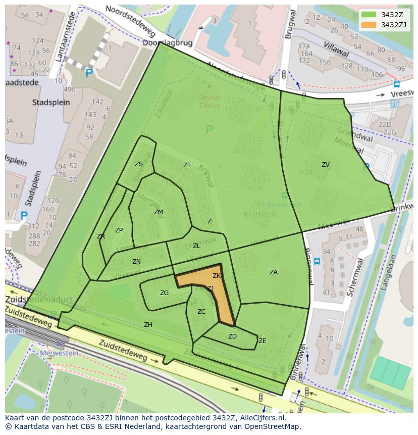 Afbeelding van het postcodegebied 3432 ZJ op de kaart.