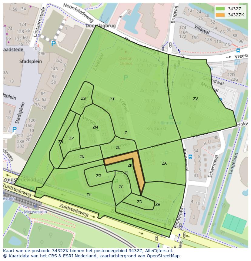 Afbeelding van het postcodegebied 3432 ZK op de kaart.