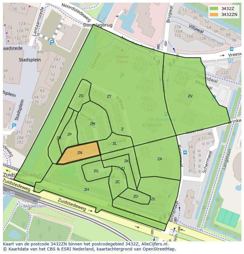 Afbeelding van het postcodegebied 3432 ZN op de kaart.