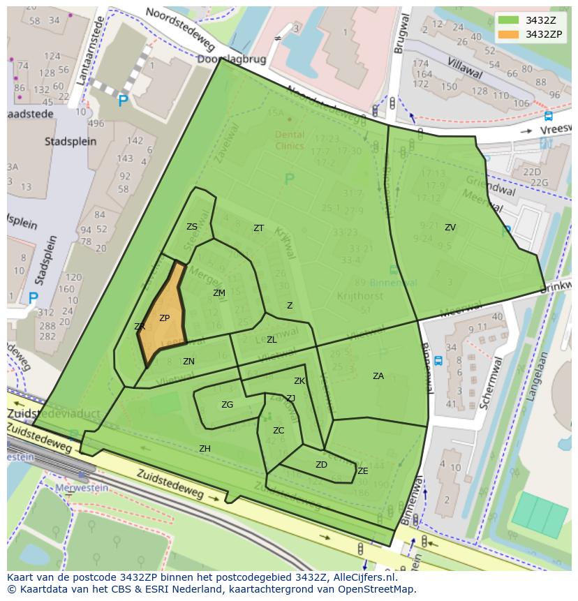 Afbeelding van het postcodegebied 3432 ZP op de kaart.