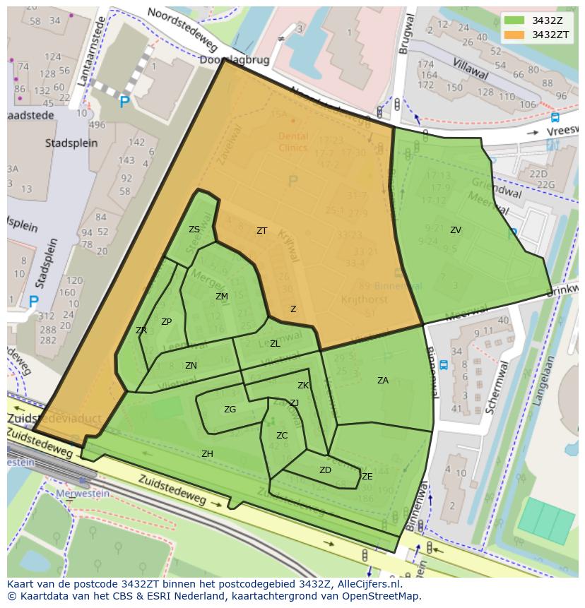 Afbeelding van het postcodegebied 3432 ZT op de kaart.