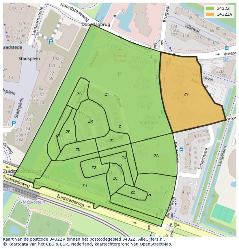 Afbeelding van het postcodegebied 3432 ZV op de kaart.