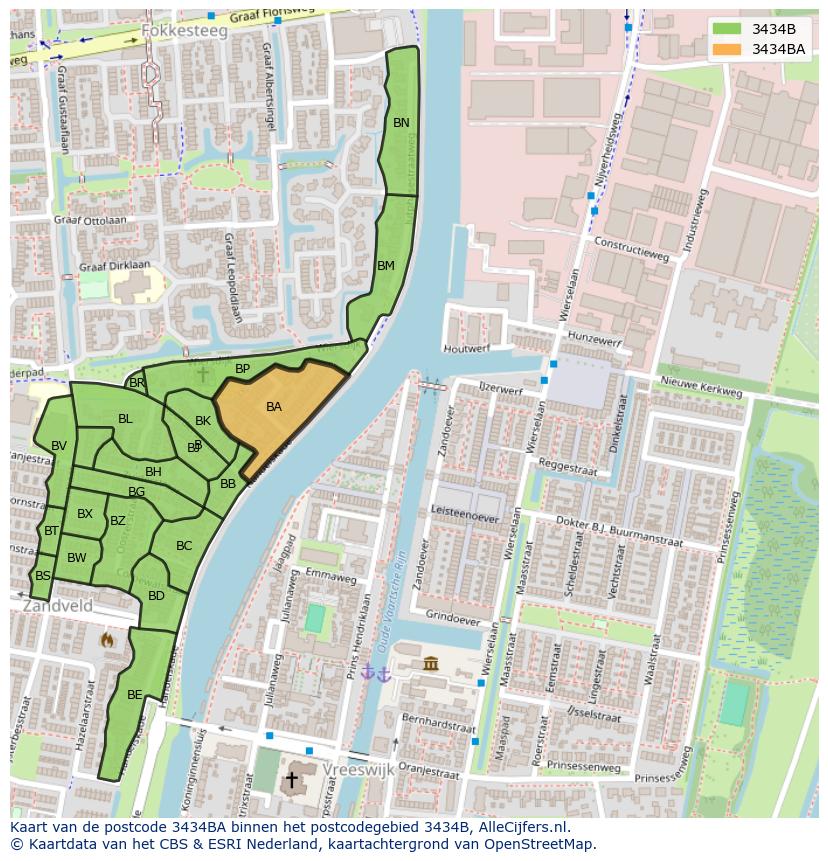 Afbeelding van het postcodegebied 3434 BA op de kaart.