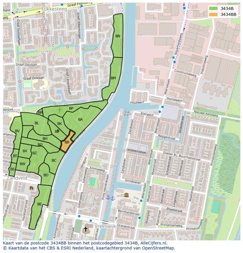 Afbeelding van het postcodegebied 3434 BB op de kaart.