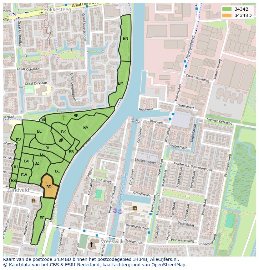 Afbeelding van het postcodegebied 3434 BD op de kaart.