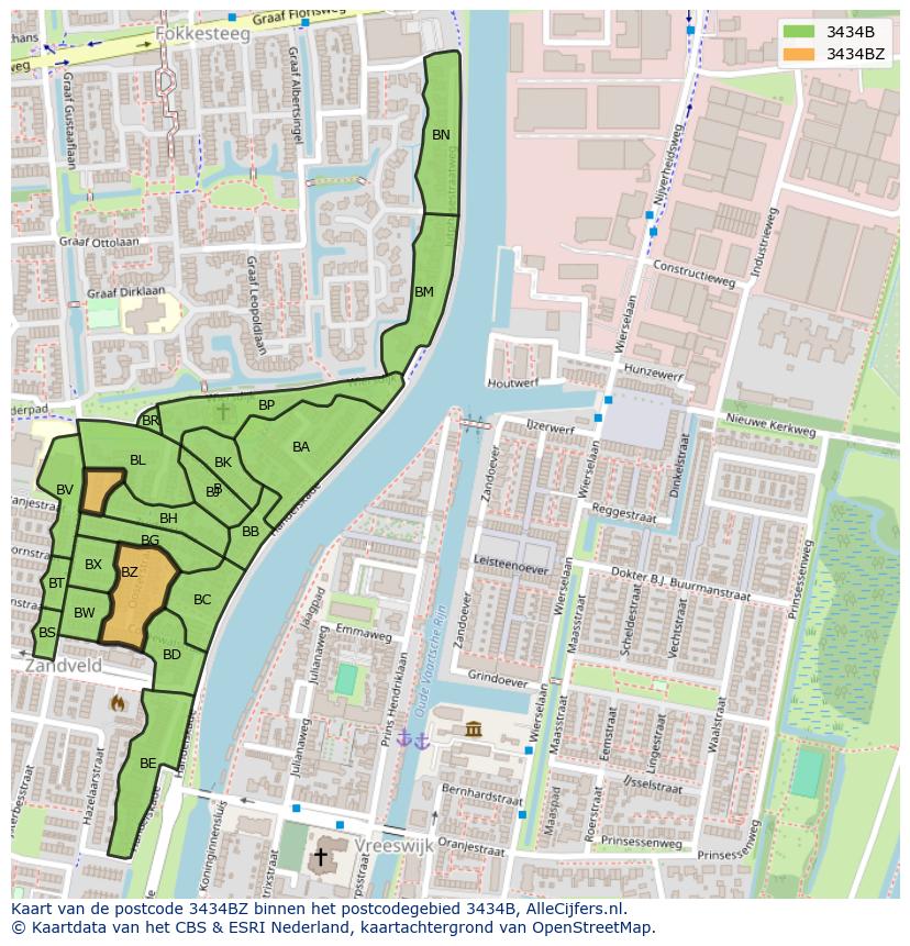 Afbeelding van het postcodegebied 3434 BZ op de kaart.
