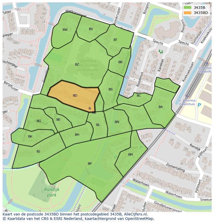Afbeelding van het postcodegebied 3435 BD op de kaart.