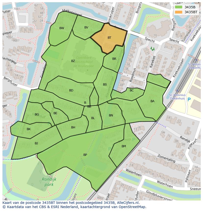 Afbeelding van het postcodegebied 3435 BT op de kaart.