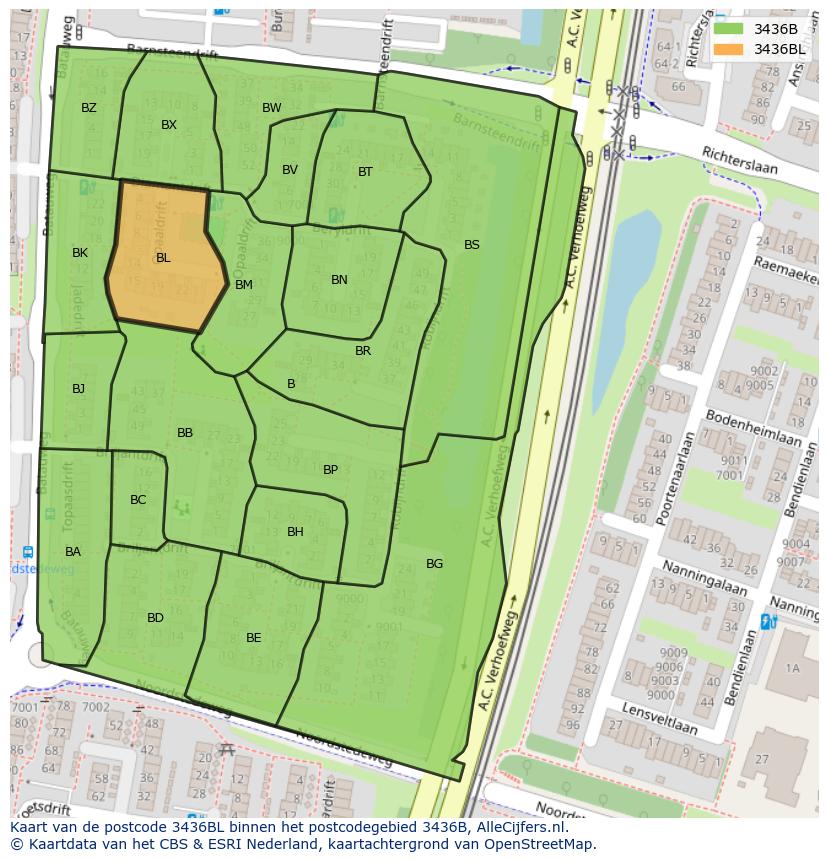 Afbeelding van het postcodegebied 3436 BL op de kaart.