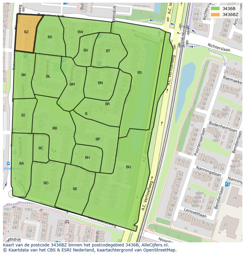 Afbeelding van het postcodegebied 3436 BZ op de kaart.