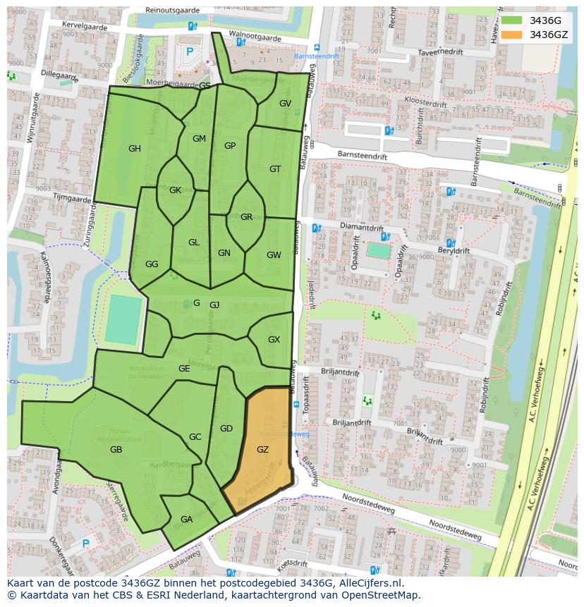 Afbeelding van het postcodegebied 3436 GZ op de kaart.