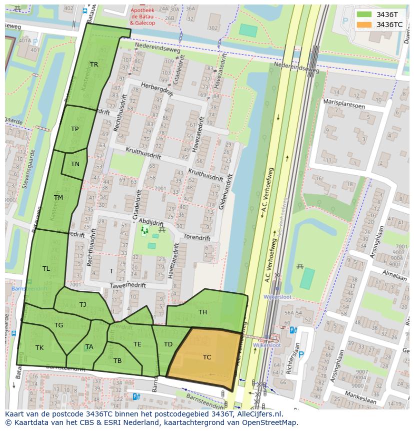 Afbeelding van het postcodegebied 3436 TC op de kaart.