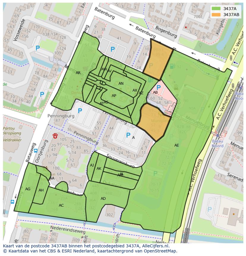 Afbeelding van het postcodegebied 3437 AB op de kaart.