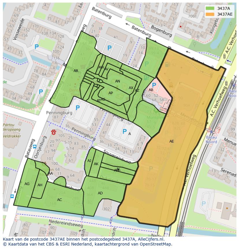 Afbeelding van het postcodegebied 3437 AE op de kaart.